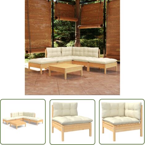 The Living Store Salon de jardin 6 pcs avec coussins crème bois de pin - Ensemble Salon De Jardin - Mobilier De Jardin - Salon De Patio - Meubles De Jardin - Chaise Longue (1/5)