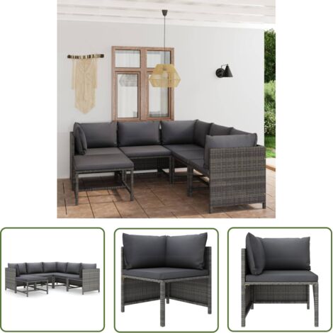 The Living Store Salon de jardin 6 pcs avec coussins Résine tressée Gris - Salon De Jardin - Mobilier De Jardin - Ensemble De Salon - Meubles De Jardin - Résine Tressée (1/5)