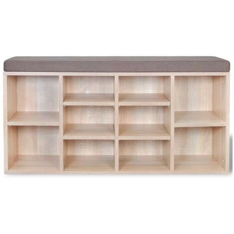 Banc de rangement chaussures 10 compartiments bois chêne clair Lou (1/4)