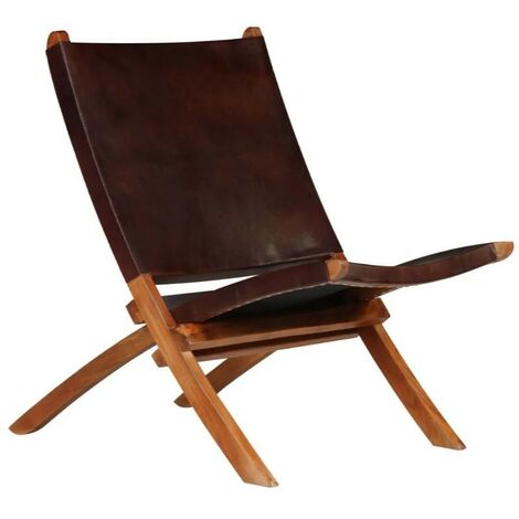 Chaise pliante cuir marron et acacia laqué foncé Manilou (1/5)