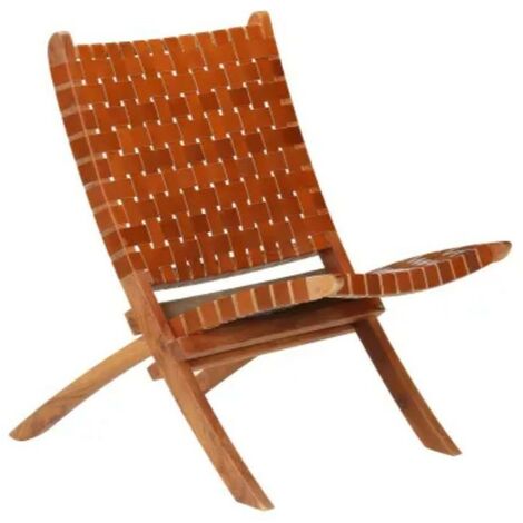 Chaise pliante cuir bandes marron et acacia laqué clair Manilou (1/5)