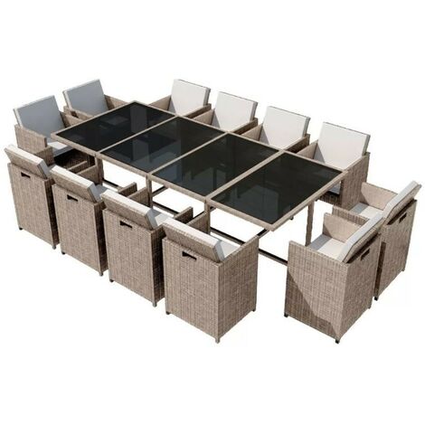 Table rectangulaire et 12 chaises de jardin résine tressée beige Iris (1/5)