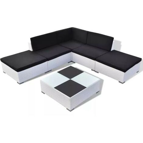 Salon de jardin 6 pièces résine tressée blanc coussins noir Kim (1/3)