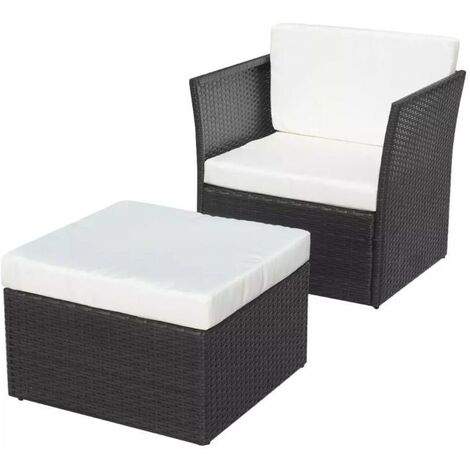 Salon de jardin 2 pièces résine tressée noir coussins blanc Mik (1/5)
