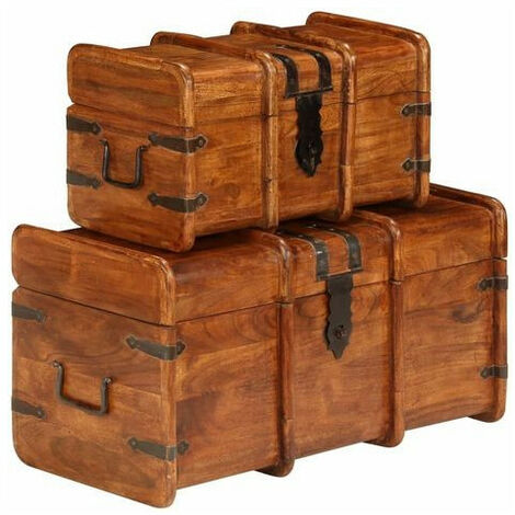 Coffre de rangement bois massif foncé laqué Aqua - 2 pièces (1/4)