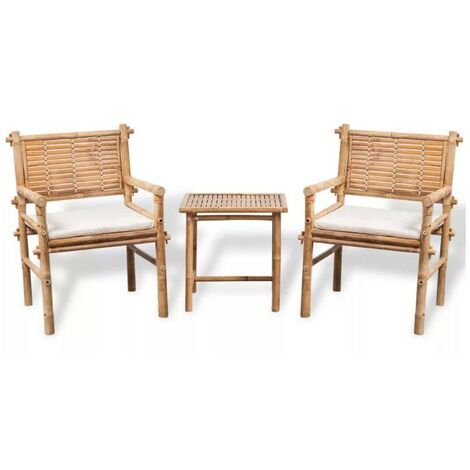Salon de jardin 3 pièces bambou clair coussins blanc Kyca (1/5)
