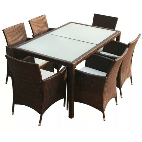 Table rectangulaire et 6 chaises de jardin résine tressée marron Mik (1/5)