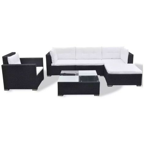 Salon de jardin 6 pièces résine tressée noir coussins blanc Kim 2 (1/5)
