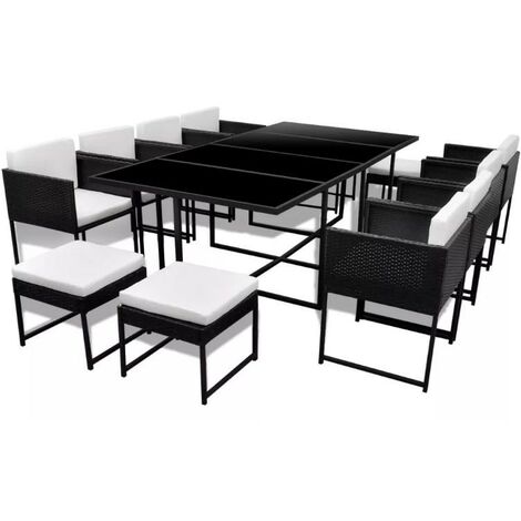 Table rectangulaire et 8 chaises de jardin résine tressée noir et coussins blanc Malm (1/5)