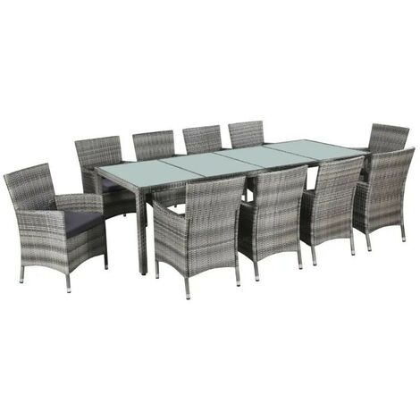 Table rectangulaire et 10 chaises de jardin résine tressée gris Mik (1/5)