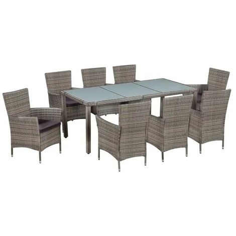 Table rectangulaire et 8 chaises de jardin résine tressée gris Mik (1/3)
