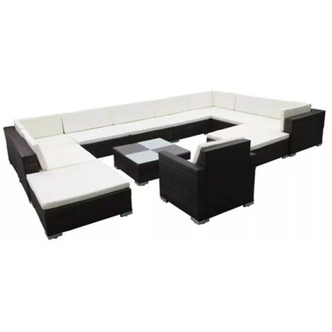 Salon de jardin 12 pièces résine tressée marron coussins blanc Kim (1/3)