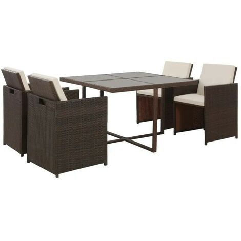 Table carrée et 4 chaises de jardin résine tressée marron et coussins blanc Iris (1/4)