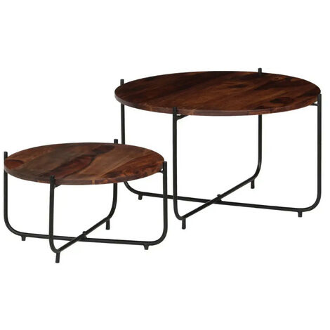Table basse ronde sesham massif foncé et métal noir Elane - Lot de 2 (1/5)