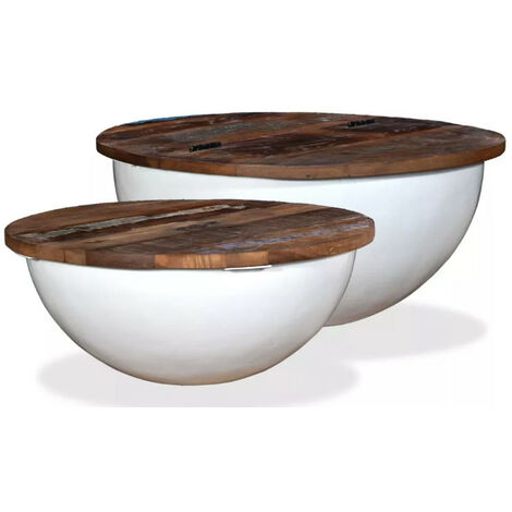 Les Tendances – Table basse ronde en bois recyclé foncé et métal blanc – Lot de 2 – Style vintage avec rangement caché – Dimensions optimales pour salon