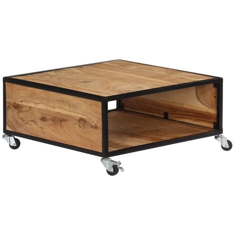 Table basse carrée sur roulettes acacia massif clair Amanda 70cm (1/5)