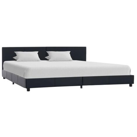 Lit adulte simili cuir noir et pieds bois massif noir Nyam 180x200 cm (1/5)