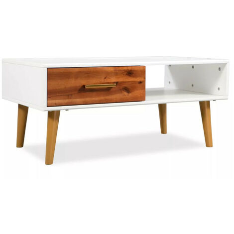 Table basse rectangulaire 1 tiroir acacia massif foncé et blanc Soken (1/5)