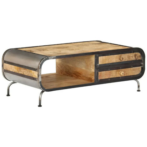 Table basse 2 tiroirs manguier massif clair et métal forgé Cinéma (1/5)