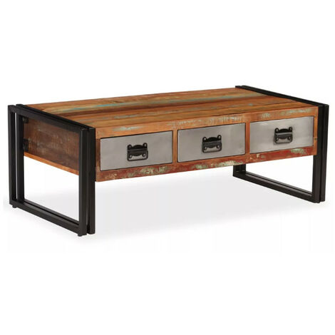 Table basse 3 tiroirs bois massif recyclé et métal noir Boust (1/5)