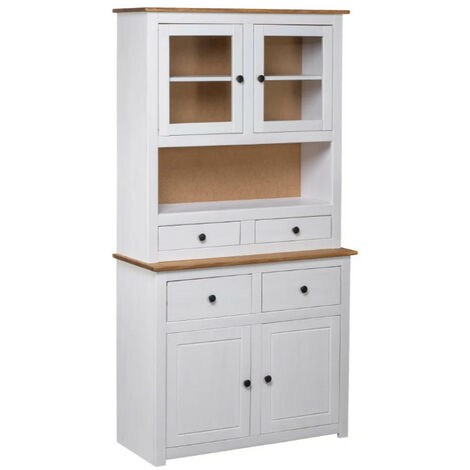 Les Tendances – Vaisselier blanc 93 cm en pin massif – 4 portes vitrées et 4 tiroirs – Design rustique avec finitions soignées – Rangement élégant pour salle à manger