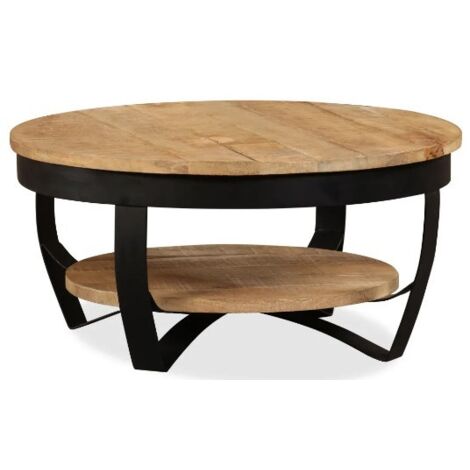 Les Tendances – Table basse ronde en manguier massif clair et métal noir – D 65 x H 32 cm – Artisanat unique et style rétro – Garantie 2 ans