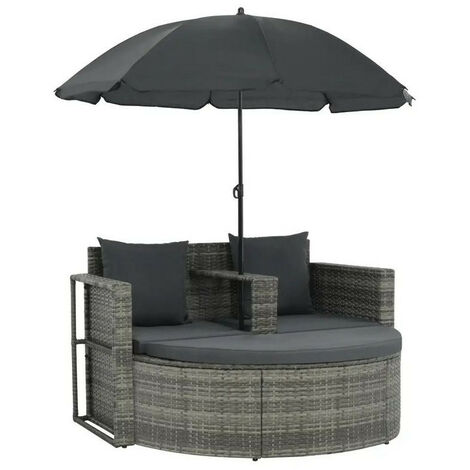 Salon de jardin avec parasol résine tressée et tissu gris Uvo (1/4)