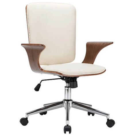 Fauteuil de bureau simili cuir beige et bois courbé foncé Cine (1/5)