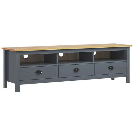 Meuble TV 3 tiroirs pin massif clair et gris Samid 158cm (1/5)