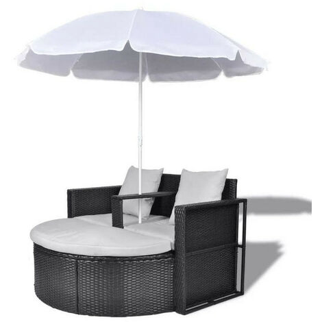 Lit de jardin avec parasol résine tressée noire Uvo (1/4)