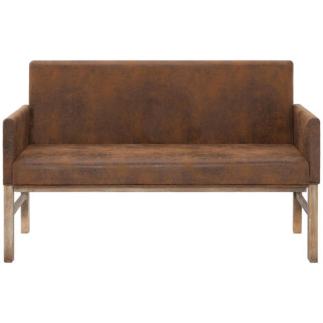 Banc avec accoudoirs vintage simili cuir marron vieilli et pieds pin massif Barielle 140 cm (1/5)