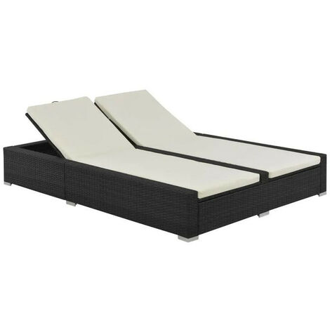 Lit de jardin double tissu beige et résine tressée noire Luvi (1/4)