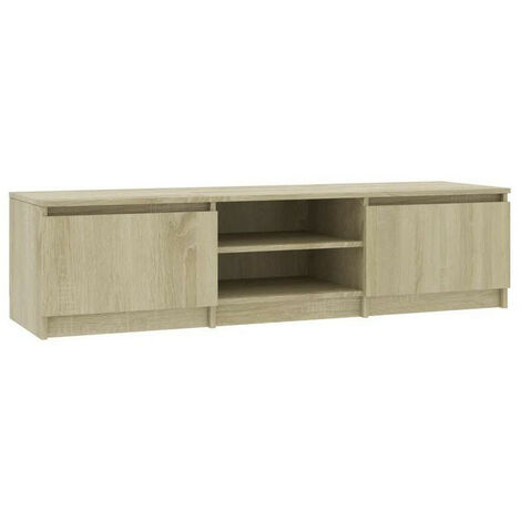 Meuble TV 2 portes 2 niches bois chêne clair Cyna 140cm (1/3)