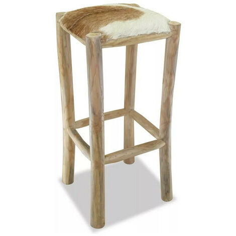 Tabouret cuir et pieds teck massif clair Oced (1/2)