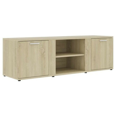 Meuble TV 2 portes 2 niches bois chêne clair Syllo 120cm (1/3)