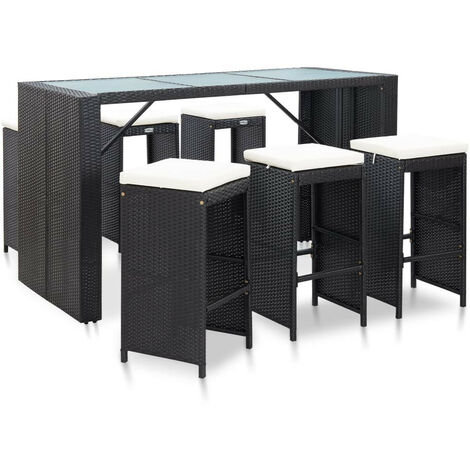 Meuble de bar de jardin 7 pcs et coussins Résine tressée Noir (1/5)
