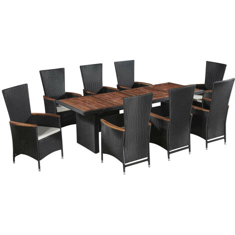 Salon de jardin 9 pcs avec coussins Résine tressée Noir 35 (1/5)