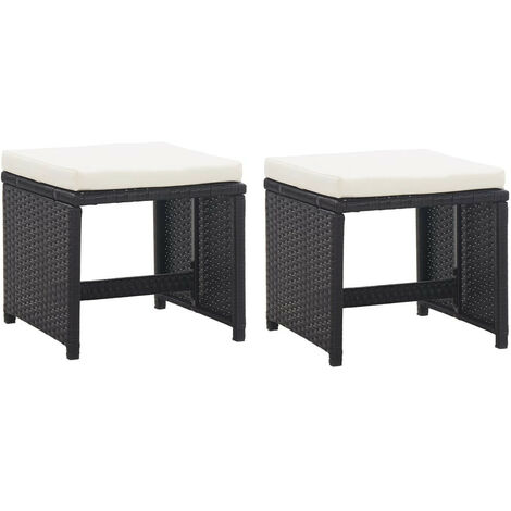 Tabourets de jardin 2 pcs avec coussins Résine tressée Noir (1/5)