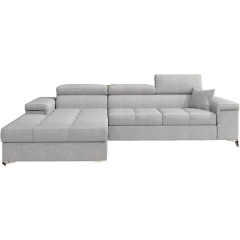 Canapé d'angle convertible tissu appuis-tête réglables RIKARO - Coffre et pieds acier chromé-Gris clair-angle gauche