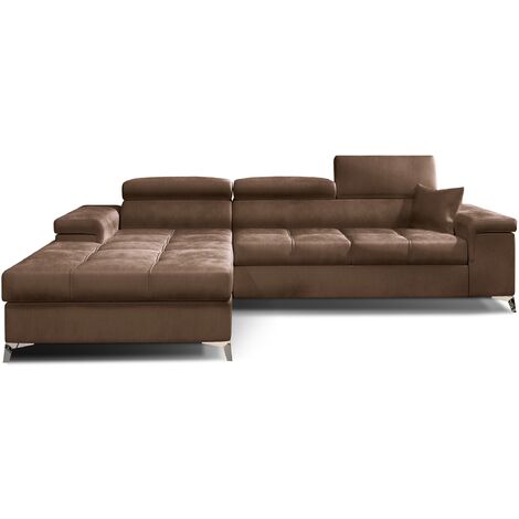 Canapé d'angle convertible velours appuis-tête réglables RIKARO - Coffre et pieds acier chromé-Marron clair-angle gauche (1/5)