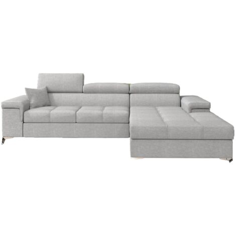 Canapé d'angle convertible tissu appuis-tête réglables RIKARO - Coffre et pieds acier chromé-Gris clair-angle droit