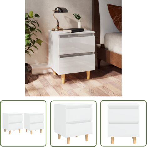 Tables de chevet pieds en pin 2 pcs Blanc brillant 40x35x50 (1/5)