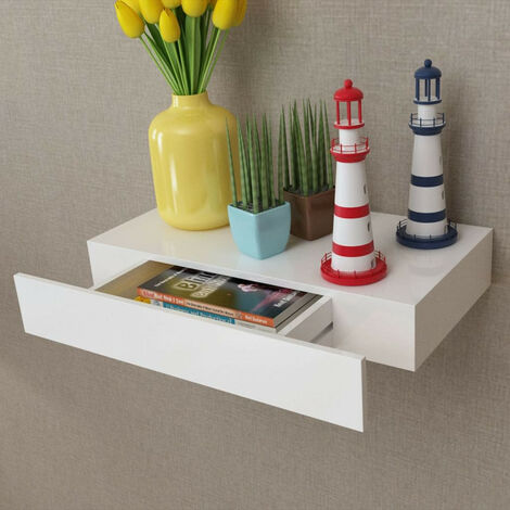 Étagère murale avec 1 tiroir MDF Blanc Rangement de livres 2 (1/5)