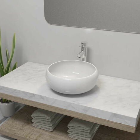 Lavabo de salle de bain avec mitigeur Céramique Rond Blanc (1/5)
