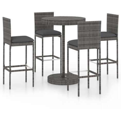 Ensemble de bar de jardin 5 pcs et coussins Résine tressée Gris 3 (1/5)