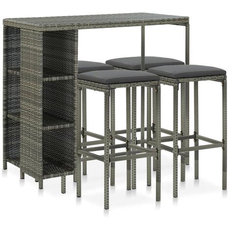 Meuble de bar de jardin 5 pcs et coussins Résine tressée Gris 2 (1/5)