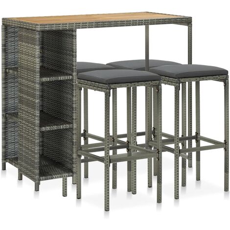 Meuble de bar de jardin 5 pcs et coussins Résine tressée Gris 3 (1/5)