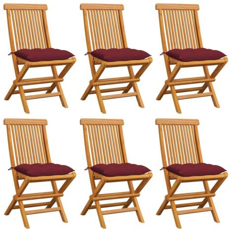 Chaises de jardin avec coussins rouge bordeaux 6pcs Teck massif 4 (1/5)