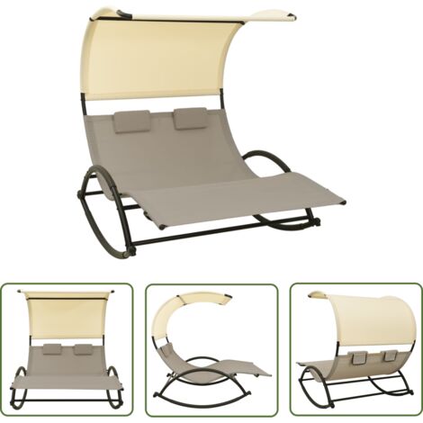 Chaise longue double avec auvent Textilène Taupe et crème