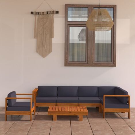 Salon de jardin 7 pcs avec coussins gris foncé Bois d'acacia (1/5)